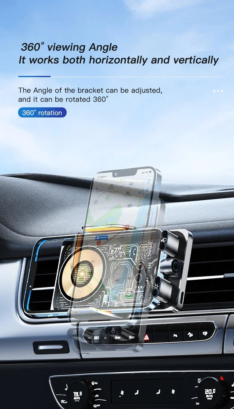 Car-mounted smartphone holder - Automatically detects air outlet. Supports 15W/66W wireless fast charging. Rotatable