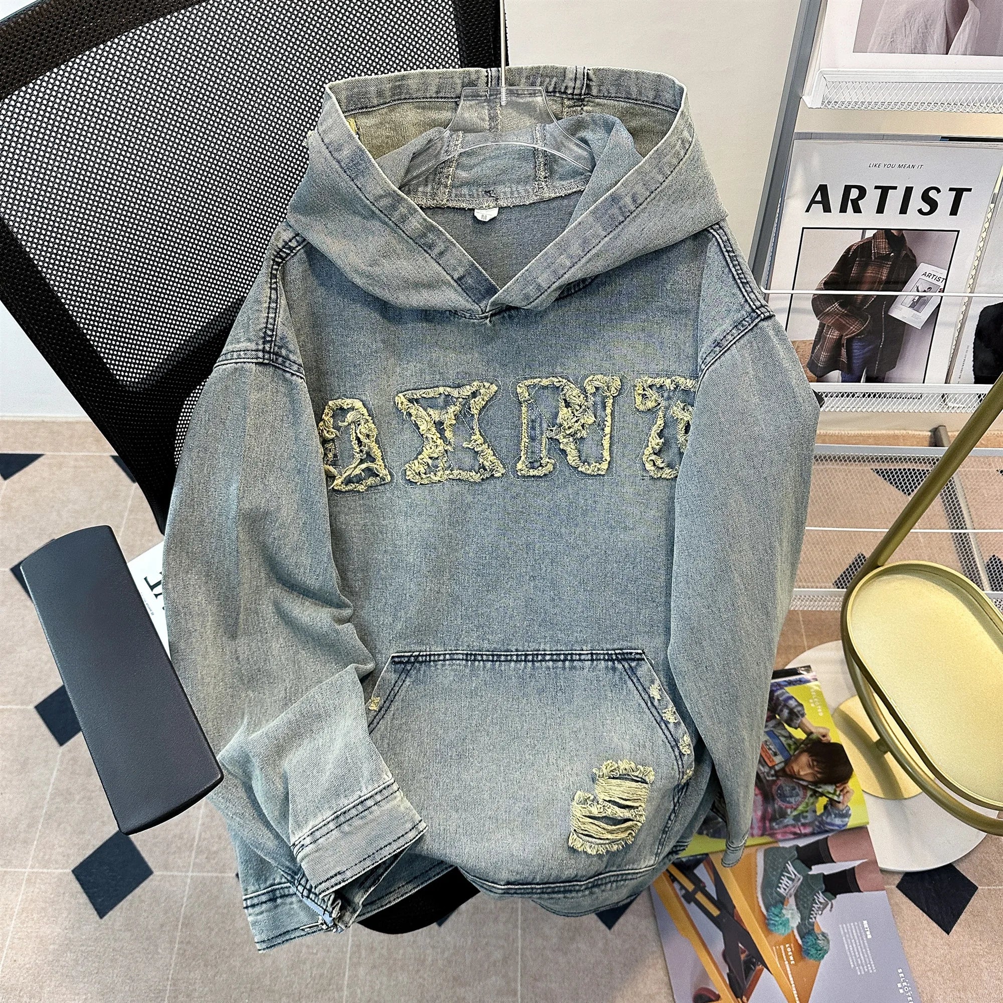 Men's Autumn New Hoodies&Sweatshirts Letter Patchwork Denim Pullover Tops American Fashion Streetwear Ripped Hooded Jackets