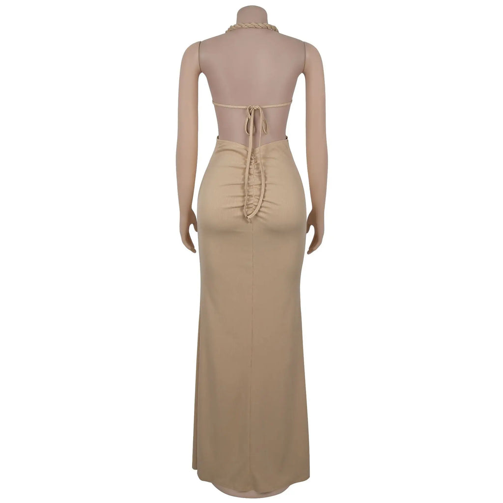 Joskaa Women Summer Knit Halter Long Dress Sexy Hollow Backless Slit Bodycon Maxi Dresses Holiday Party Club Beachwear S-XXL