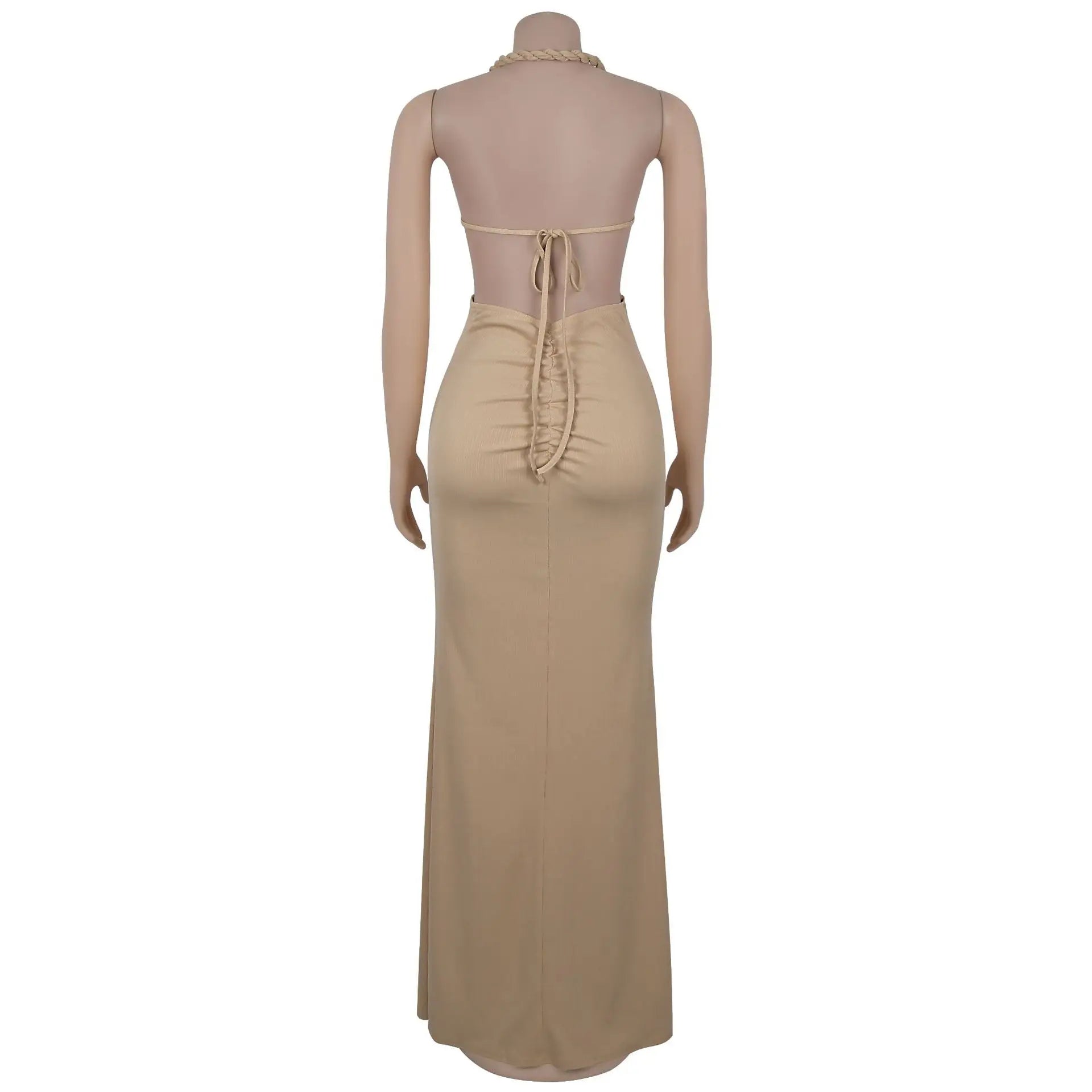 Joskaa Women Summer Knit Halter Long Dress Sexy Hollow Backless Slit Bodycon Maxi Dresses Holiday Party Club Beachwear S-XXL