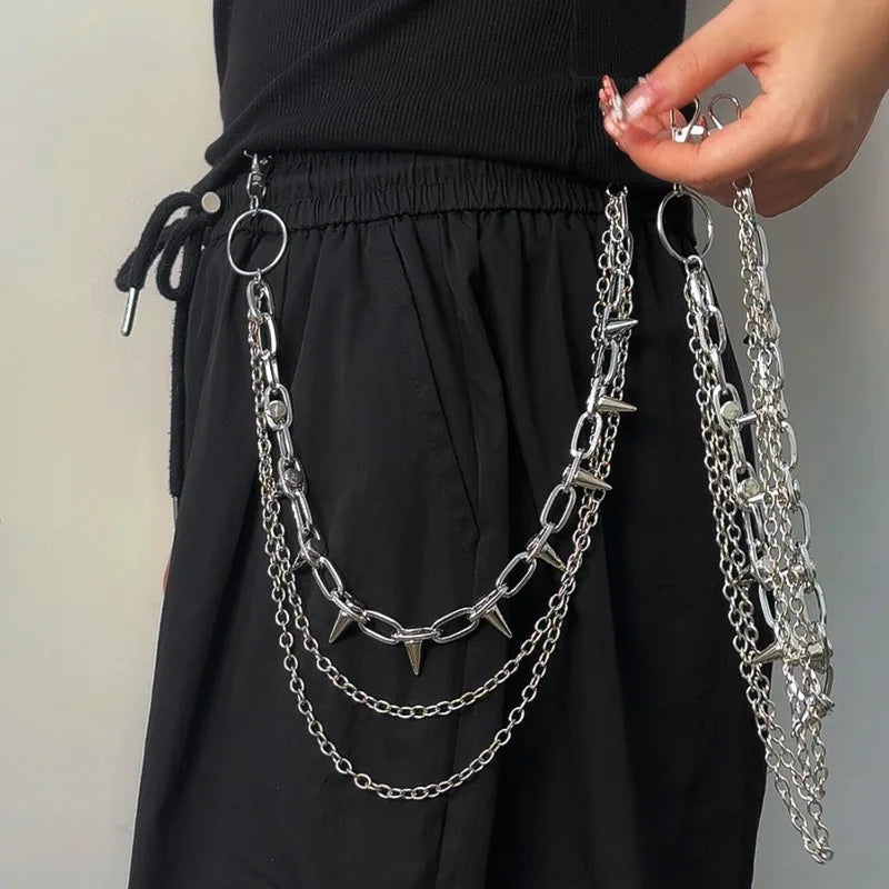 Silver Punk Double-Layer Waist Chain Rivet Decorations Adjustable Length Metal Belt for Women Men Street Style Belts Pants Chain