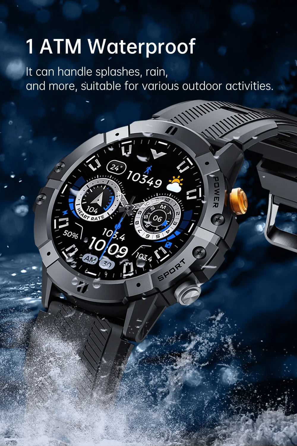 Rugged Fitness Smartwatch - 100+ Professional Sport Modes, Life Waterproof, Smart Message Notifications, Precision Sleep Tracker