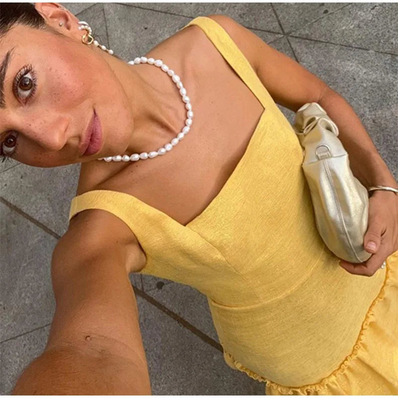 Elegant Ruffles Shiny Dress Women Square Neck A Line Solid Sleeveless Robe Female 2024 Summer Fashion Party Evening Dresses Lady