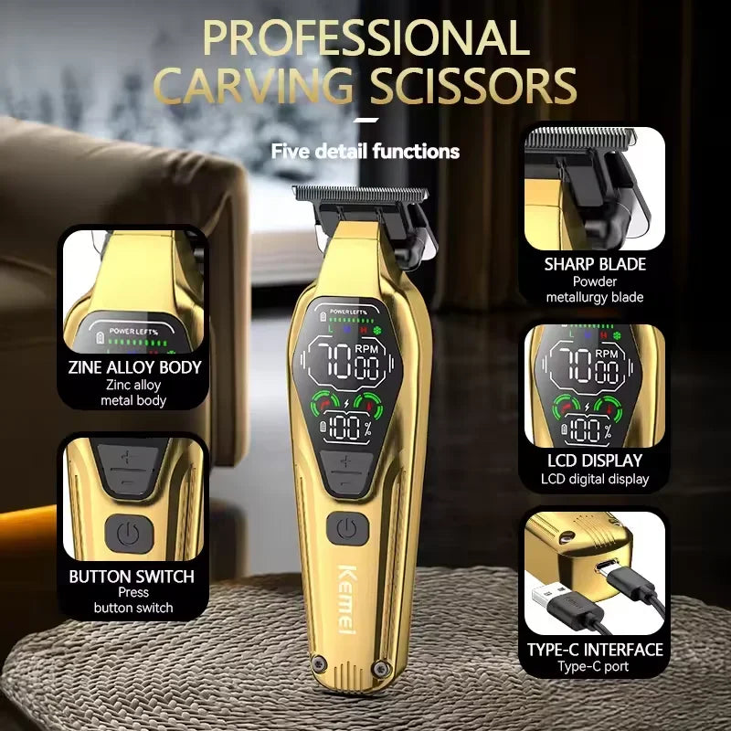 Kemei KM1697 Hair Trimmer for Men 9000RPM 9W Full Metal DLC Blade LED Display Zero Gapped Professional Trimmer Finishing Machine