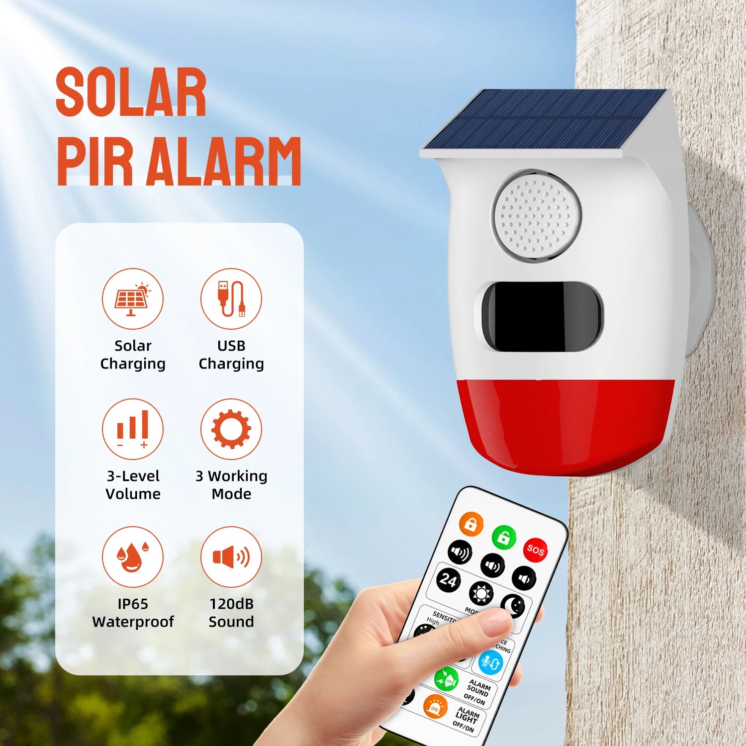 PGST 120dB Solar Independent Alarm Detector PIR Infrared Motion Sensor Siren Horn Home Security Protection Outdoor Waterproof