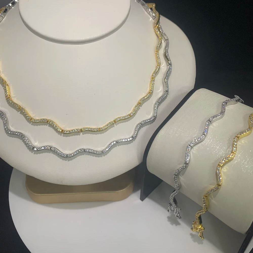 2026 New Arrived Trendy Women Jewelry Set Micro Paved CZ Curved Bar Wave Charm Chain Braelet Choker Necklace