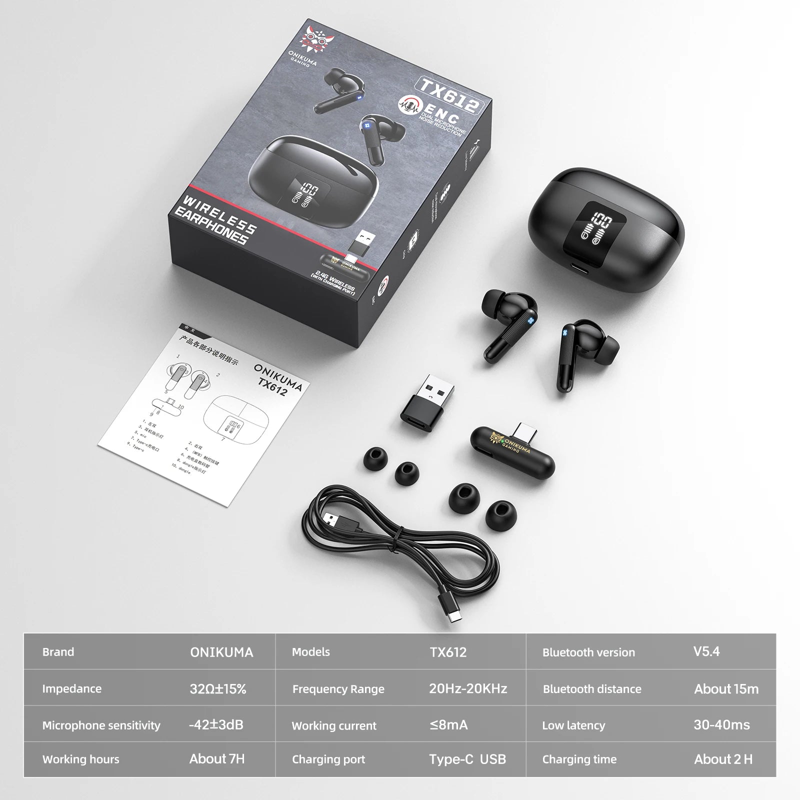 ONIKUMA TX612 2.4G True Wireless Headphones - LED Display Charging Case, ENC Dual Mic NoiseCancellation,Ambient Noise Filtering