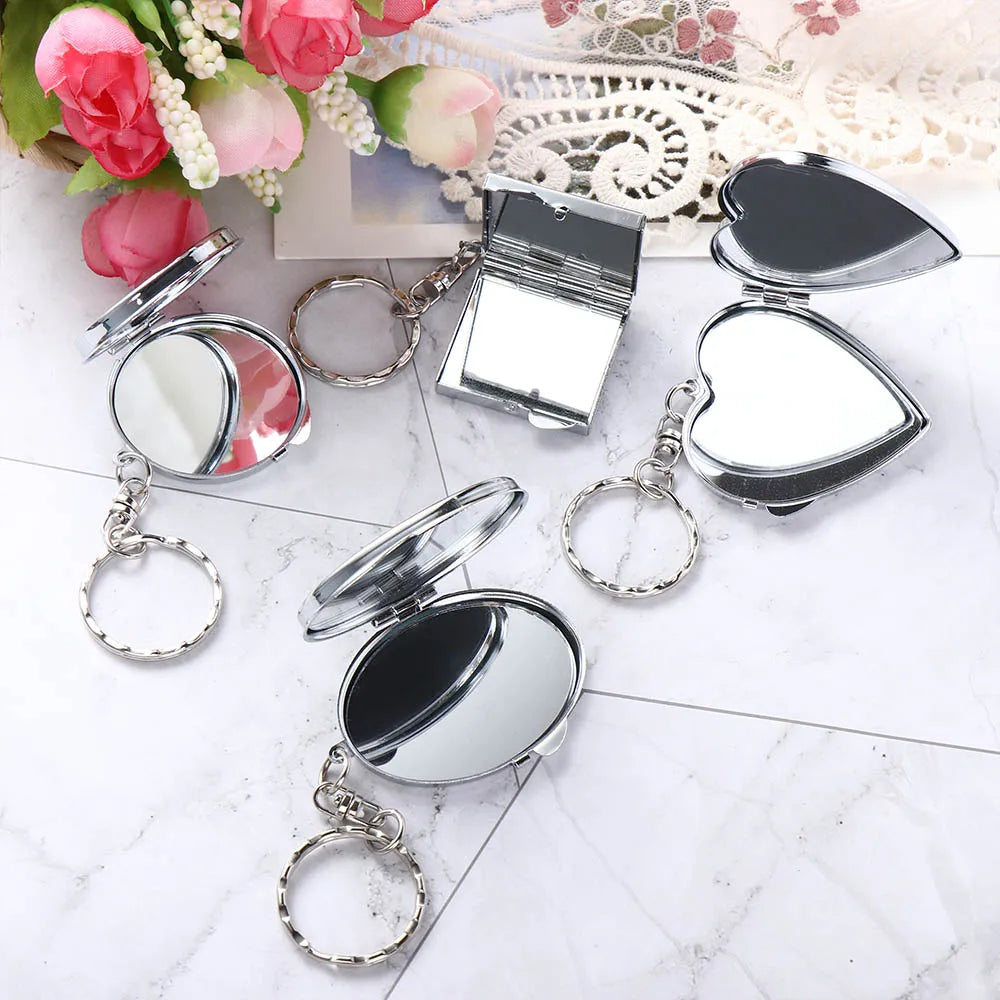 Portable Mini Folding Mirror Key Chain Round Heart Oval Sqaure Shape Pocket Compact Makeup Cosmetic Mirror With Key Ring
