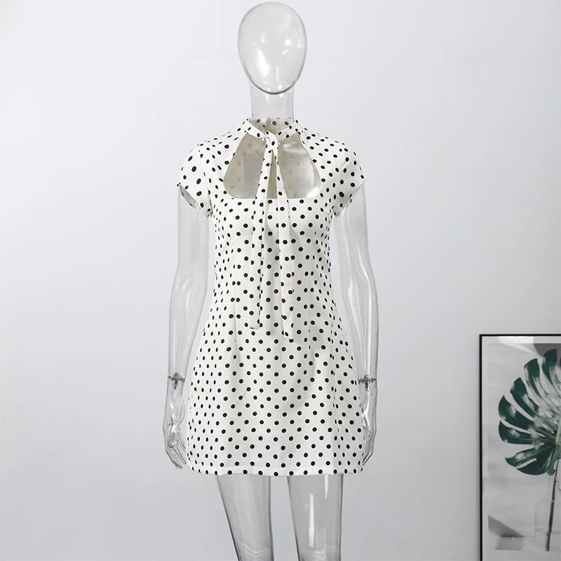 Sexy Women's Dress Halter Lace Up Short Sleeve Polka Print Female Dresses 2026 Early Spring New Fashion Chic Party Lady Robes