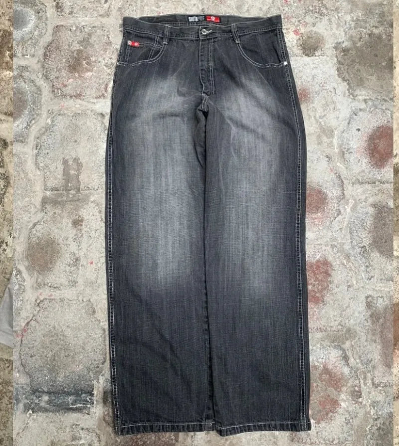 Gothic Fashion New Black Solid Color Washed Old Casual Jeans Men Y2K Streetwear Vintage Popular High Waist Baggy Wide-leg Pants