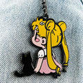 Black Cat And Magical Girl Keychain Kawaii Moon Princess Keyring Chibi Character Pendant Gift