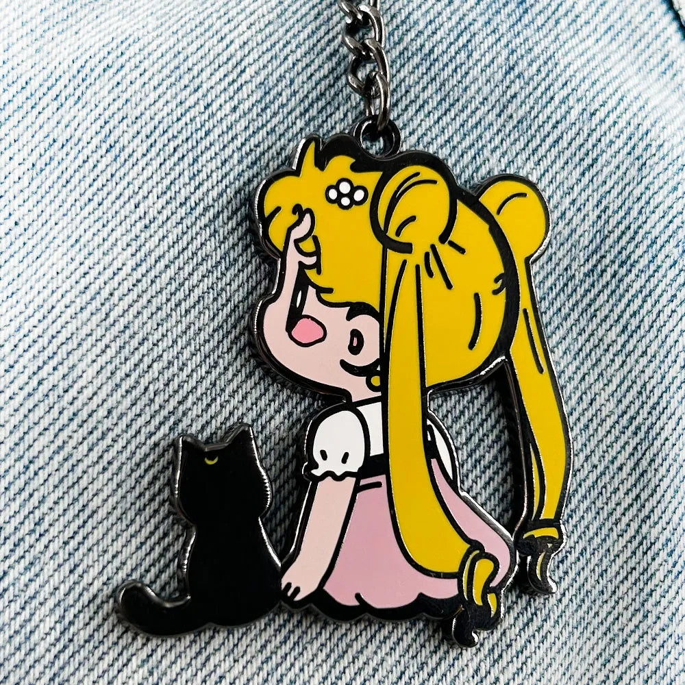 Black Cat And Magical Girl Keychain Kawaii Moon Princess Keyring Chibi Character Pendant Gift