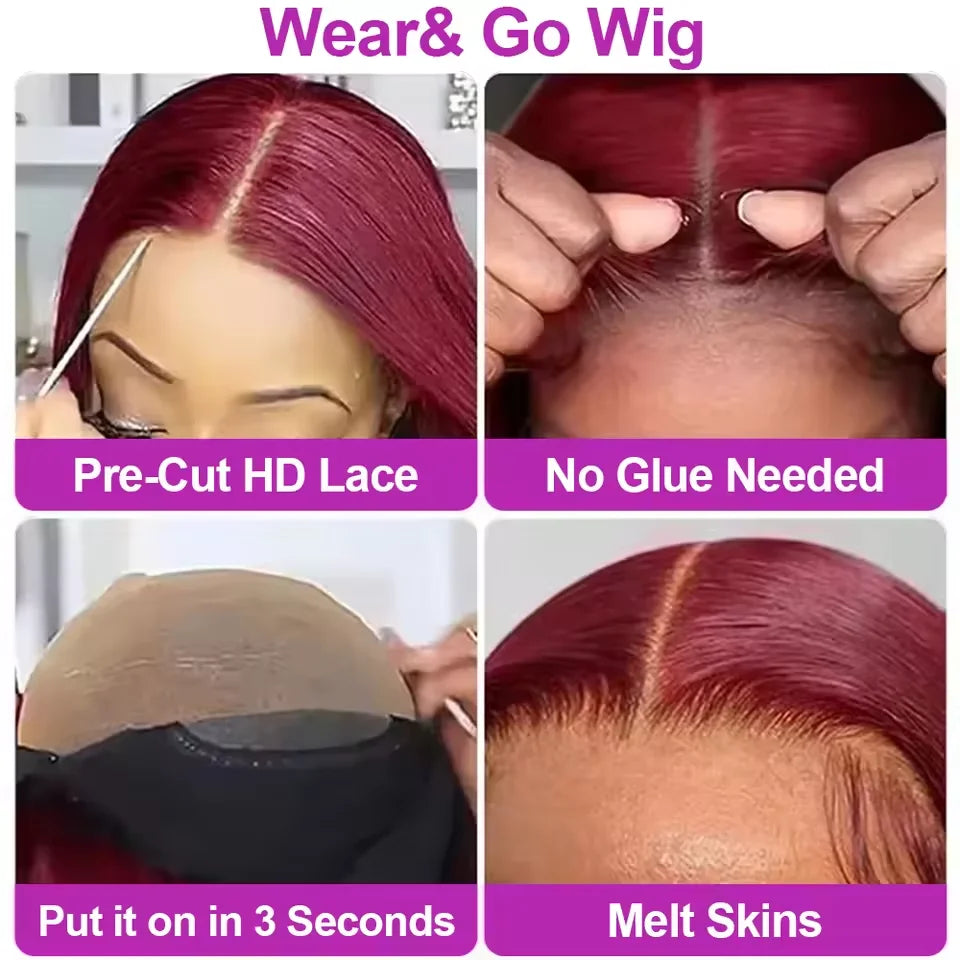 8-14Inch 99J Red Straight Bob Wig V Part Lace Front Human Hair Wig For Women Pre Plucked Glueless 99J Burgundy Colored Bob Wig