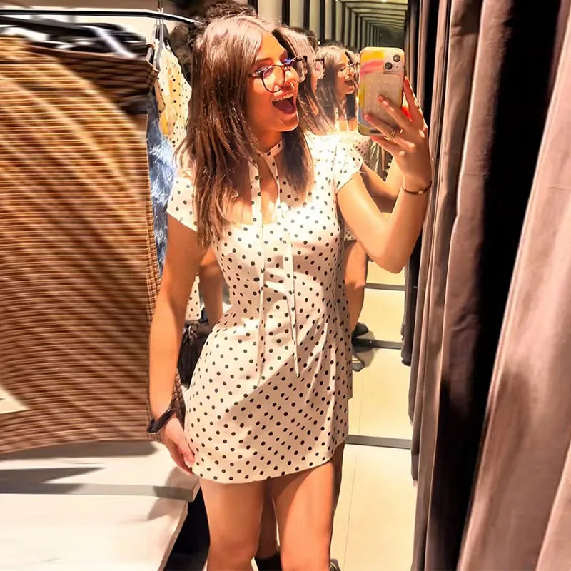 Sexy Women's Dress Halter Lace Up Short Sleeve Polka Print Female Dresses 2026 Early Spring New Fashion Chic Party Lady Robes