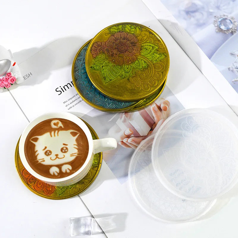 Round Coaster Silicone Mold Epoxy Resin Crystal Mold DIY Coffee Wine Glass Flower Coaster Plaster Concrete Home Decor Crafts