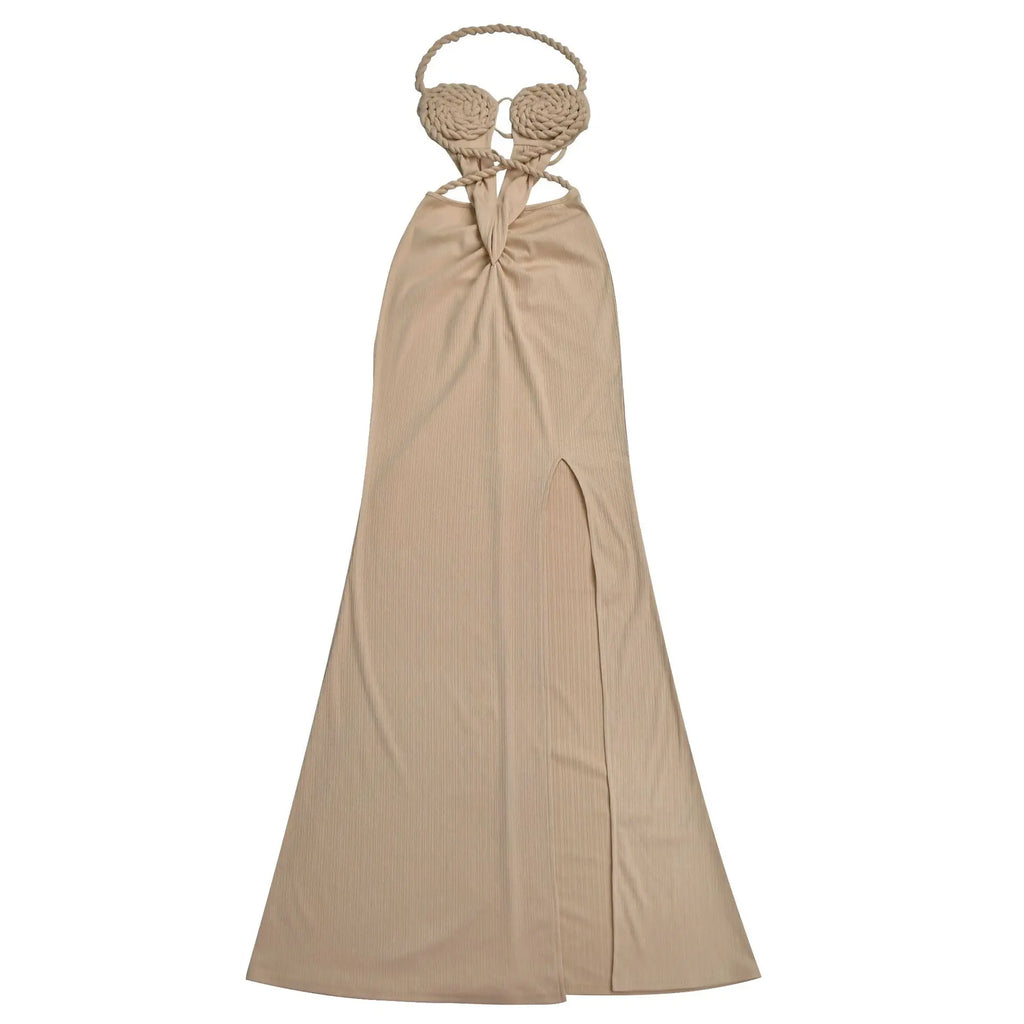Joskaa Women Summer Knit Halter Long Dress Sexy Hollow Backless Slit Bodycon Maxi Dresses Holiday Party Club Beachwear S-XXL