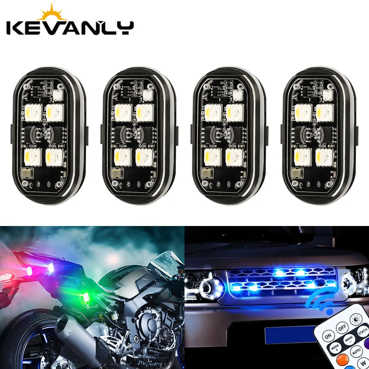 2/4Pcs Wireless Car Ambient Light Color Changing Car Interior Decorative Light with Remote Control Charging Car LED Strobe Light