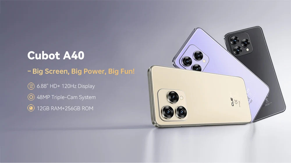 Cubot Smartphone Android 15 A40, 12GB RAM+256GB ROM, 6.88-Inch 120Hz Screen,Octa-core, 48MP Camera, 5100mAh Battery,NFC,Face ID