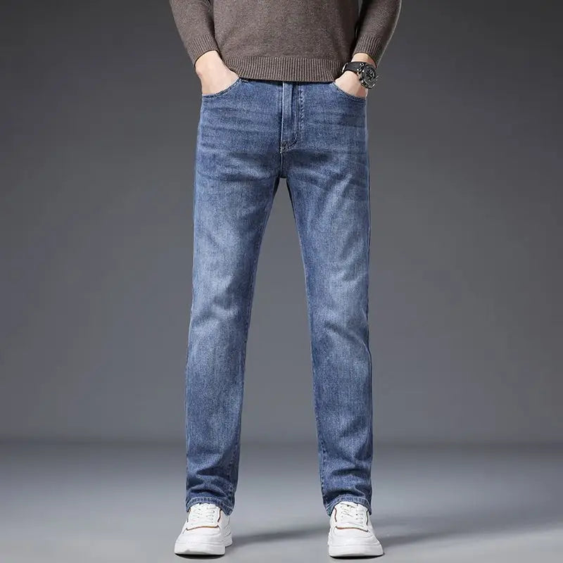 Korean Fashion Men's Soft Stretch Slim Fit Jeans Business Casual Straight Denim Pants Classic Brand Washed Blue Gray Trousers