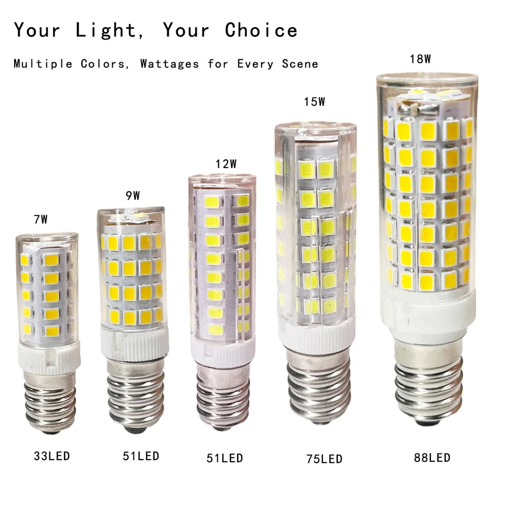 E14 LED Bulb 7W 9W 12W 15W 18W, 220V-240V Bright Mini Corn Light, 2835 SMD, 360° Beam Angle, Replace Halogen Chandelier Bulbs