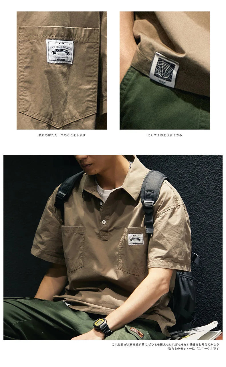 Korea American Casual Men's T-shirt Summer Tooling Style Short Sleeve New Pocket Shirt Collar Men's Clothing Loose Plus Size Top