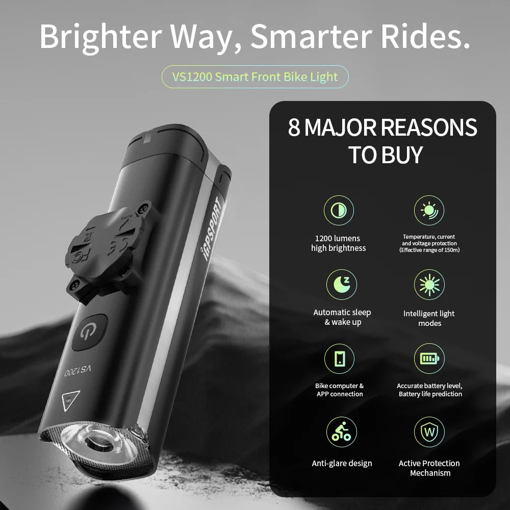 iGPSPORT VS1200 Bike Light Smart Bicycle Headlight for MTB/Road Bikes High Brightness Cycling Light Bicycle Accessories