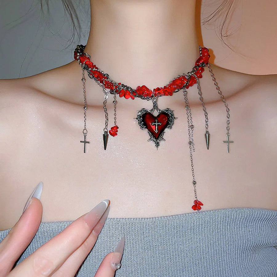 Goth Vintage Y2K Dark Red Heart Cross Pendant Irregular Stone Bead Choker Necklace Women Punk Halloween Grunge EMO Accessories