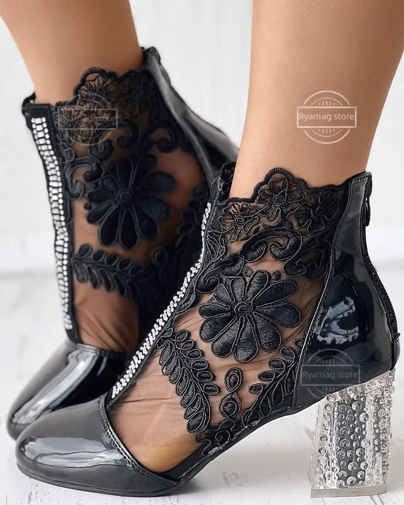 Women's Boots Floral Embroidery Clear Chunky Heel Boots Hollow Lace Chunky Heel Ankle Back Zip High Heels Bota Verano Mujer