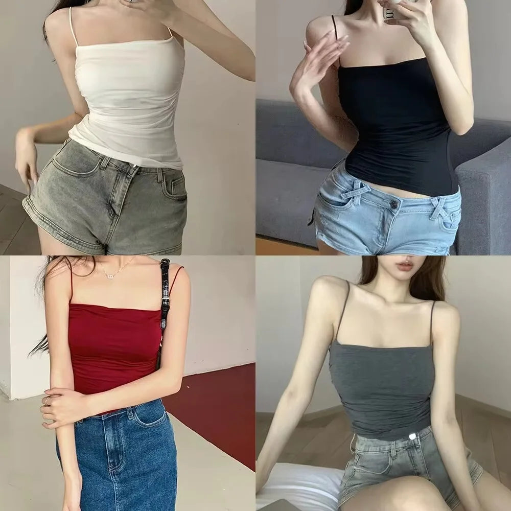 1 Pc Stylish Waist Pleated Corset - Soft support fixed chest pad sleeveless vest Sexy short top with thin straps Solid color