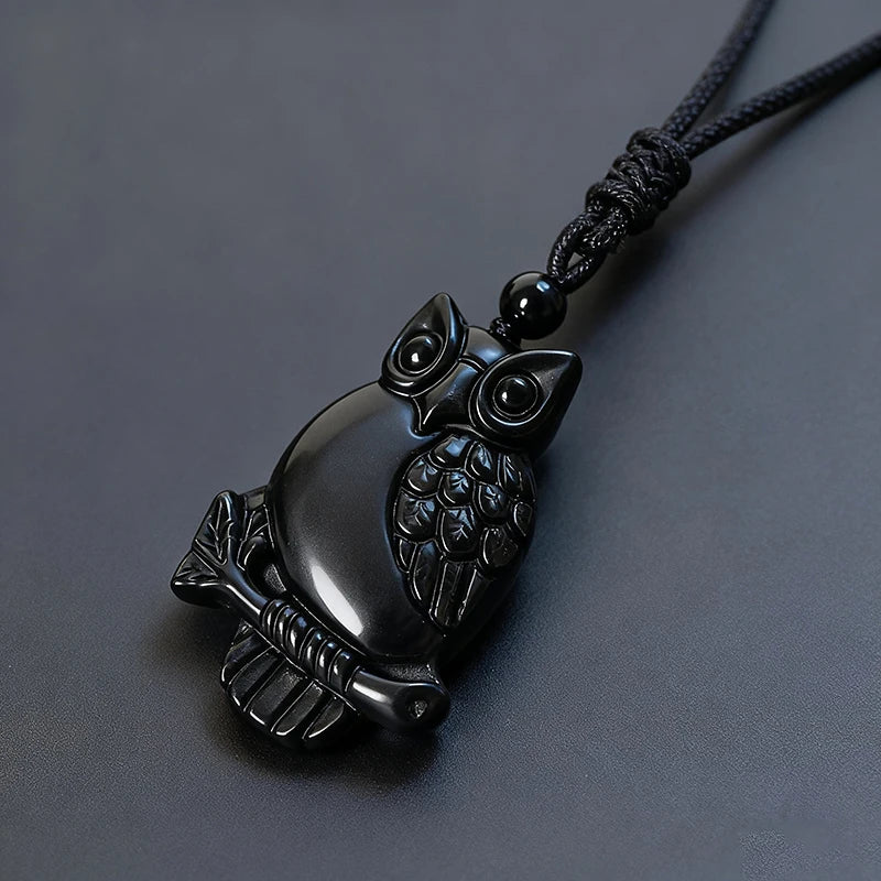 Real Obsidian Owl Pendant Necklace Natural Jewelry Charm Luxury Talismans Amulet Men Fashion Vintage Carved Gifts for Women