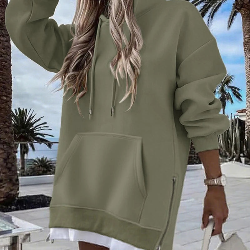 Women's Long Sleeve Patchwork Pullover Hoodie Autumn Winter Fashion Drawstring Loose Zipper Simple Hoodies 2025 Top Streetwear