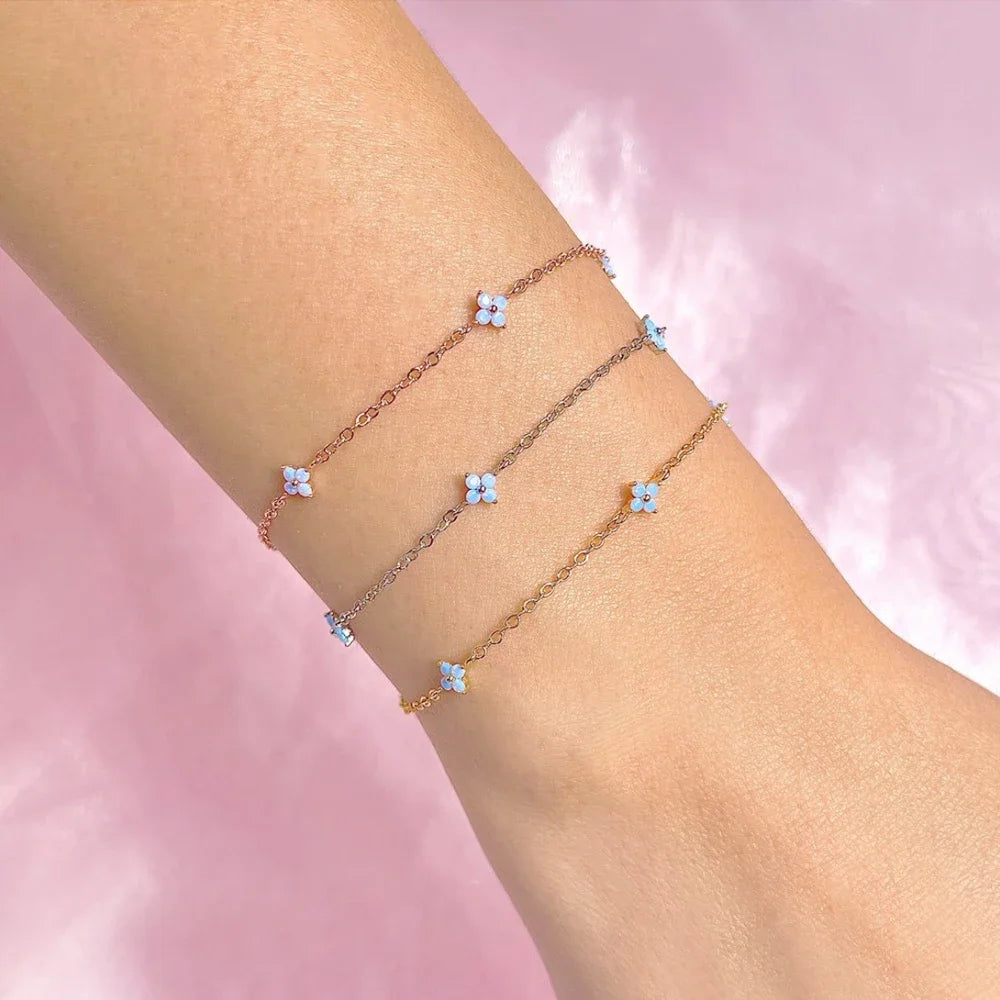 Shiny Plated 18k Gold Shiny Zircon Blue Flower Bracelet for Women Girl Korean Temperament Exquisite Jewelry Gifts