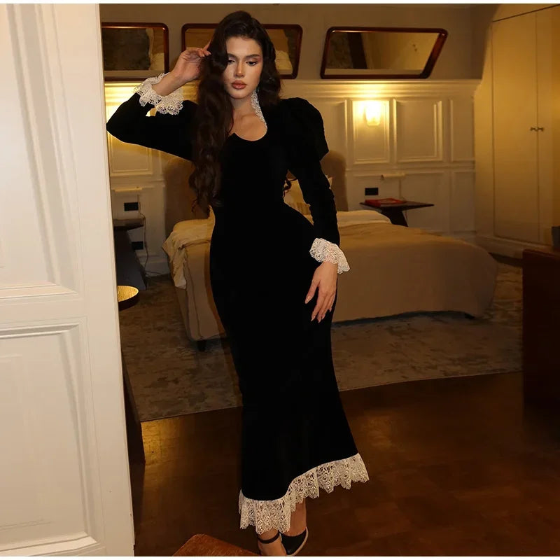 Square Collar Puff Sleeve Women Dress Patchwork Slim Pleated Lady Maxi Dresses 2026 Elegant Spring Vintage Female Vestidos