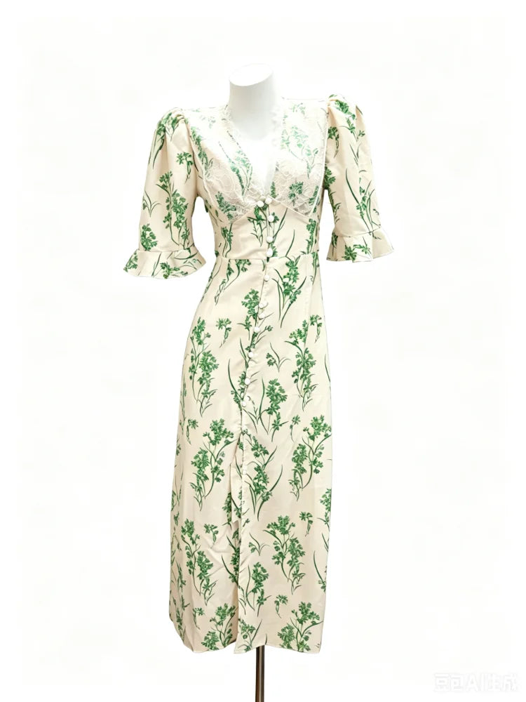 Women Dress Lace Trim Deep V-Neck Short Sleeve Dresses Floral Print Flowy Front Elegant Summer Vacation Streetwear Dress Ladies
