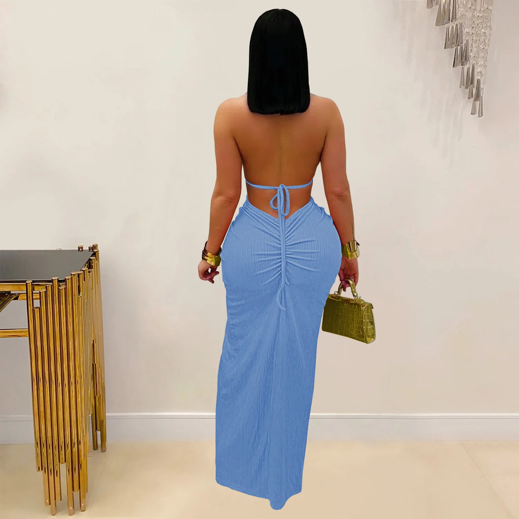 Joskaa Women Summer Knit Halter Long Dress Sexy Hollow Backless Slit Bodycon Maxi Dresses Holiday Party Club Beachwear S-XXL