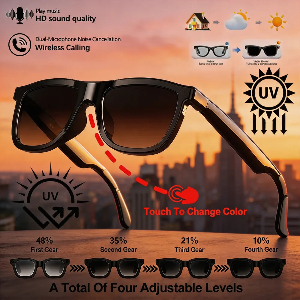 New Smart Audio Glasses Touch Control Color Changing Lens Dual Microphone Noise Reduction Super Clear Sound Bluetooth Sunglasses