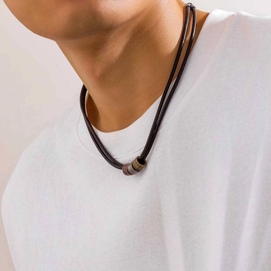 Vintage Pu Leather with Metal Beads Choker Necklace for Men Trendy Collar on the Neck Accessories 2023 Fashion Jewelry Male Gift