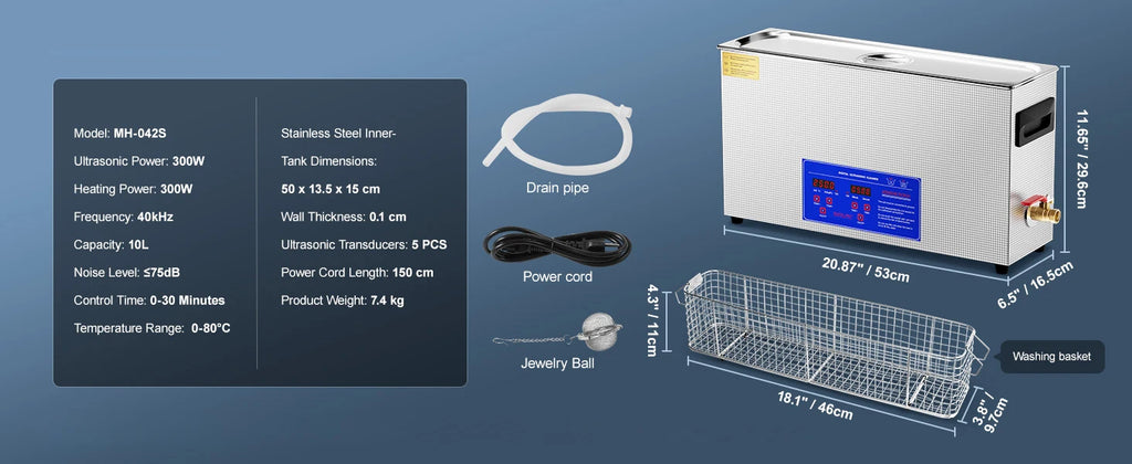 SucceBuy 10L Ultrasonic Cleaner 300W 40kHz Professional Ultrasound Cleaning Machine with Timer & Heater for Gun Automotive Parts