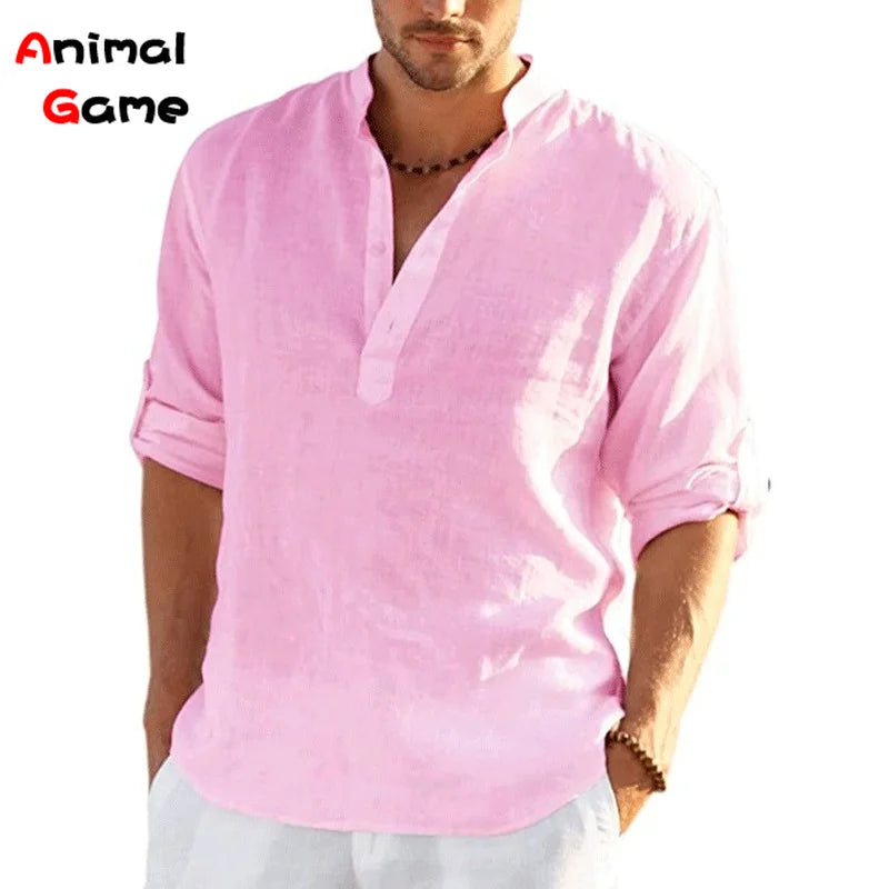 New Men's Linen Long Sleeve T-Shirt Solid Color Loose Spring T-Shirt Long Sleeve Cotton Linen Shirt Plus Size Shirts Men