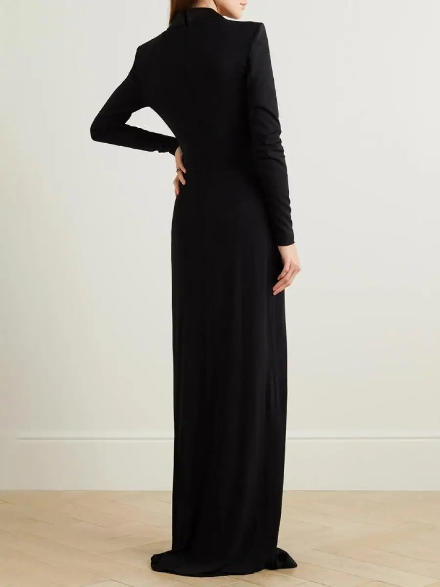 Freeacy 2024 Women's Dress Solid Black Deep V-neck Long Sleeves Floor Length Evening Dresses Ladies Slim Fit Wrap Suit Dress