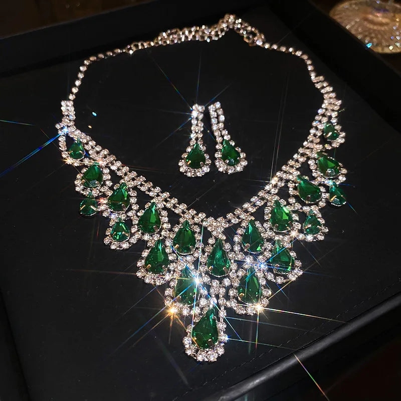 3 Pcs Inlaid Rhinestone Jewelry Sets for Women Fashion Pendant Necklaces Retro Drop Earrings Charms Wedding Accessories Set