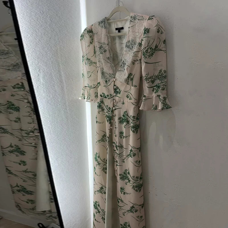 Women Dress Lace Trim Deep V-Neck Short Sleeve Dresses Floral Print Flowy Front Elegant Summer Vacation Streetwear Dress Ladies