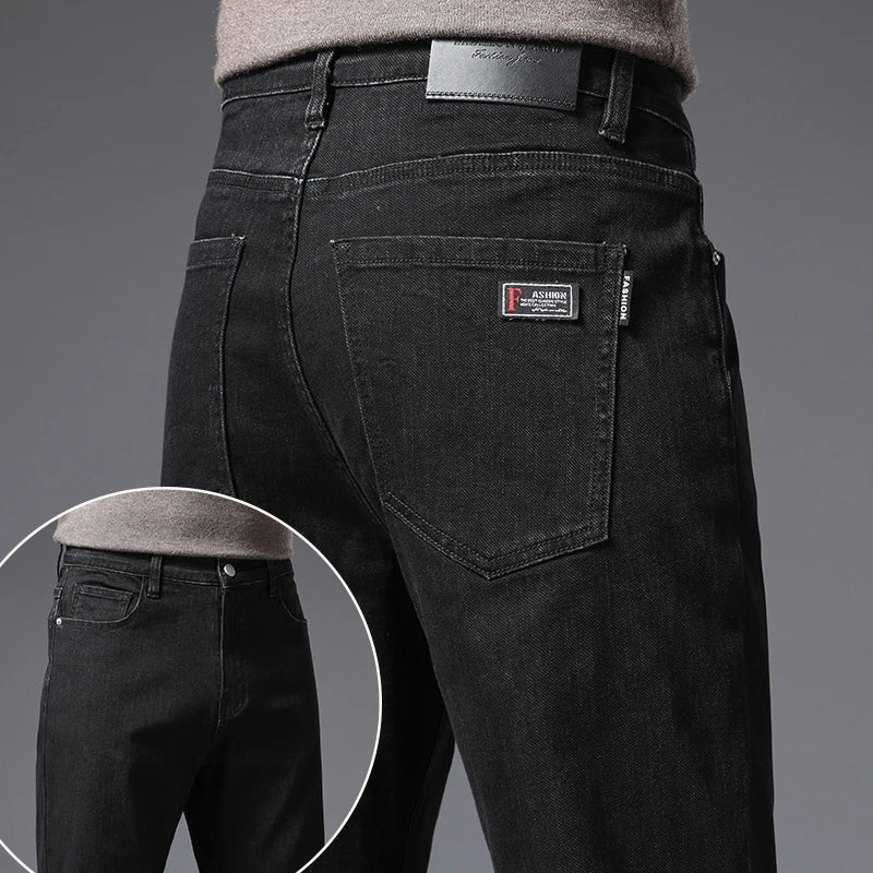 Korean Fashion Men's Soft Stretch Slim Fit Jeans Business Casual Straight Denim Pants Classic Brand Washed Blue Gray Trousers