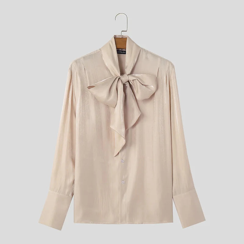 INCERUN Tops 2024 Korean Style Men's Ribbon Pleated Glitter Design Shirts Leisure Male Solid All-match Long Sleeved Blouse S-5XL
