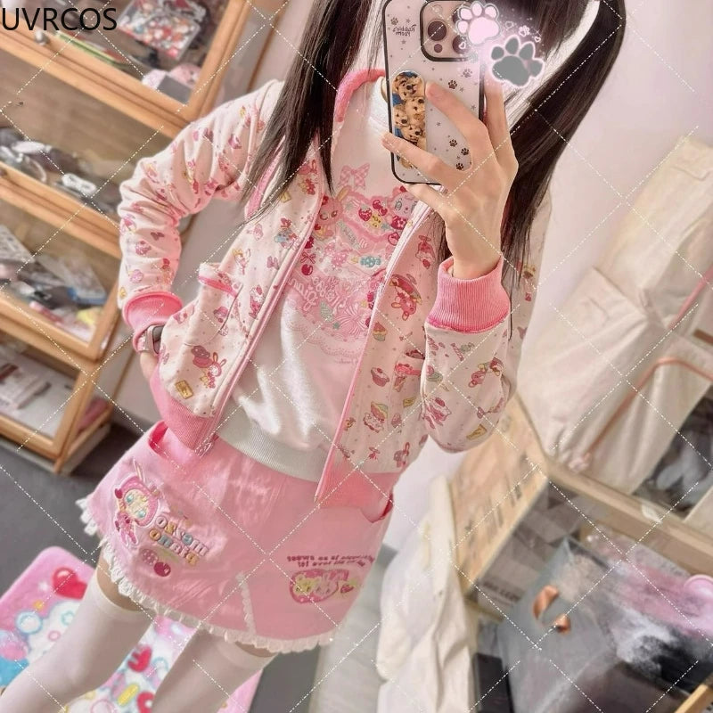 Japanese Kawaii Anime Lolita Hoodies Women Vintage Sweet Cartoon Print Casual Hooded Coat Y2k Aesthetics Para Mujer Sweatshirts