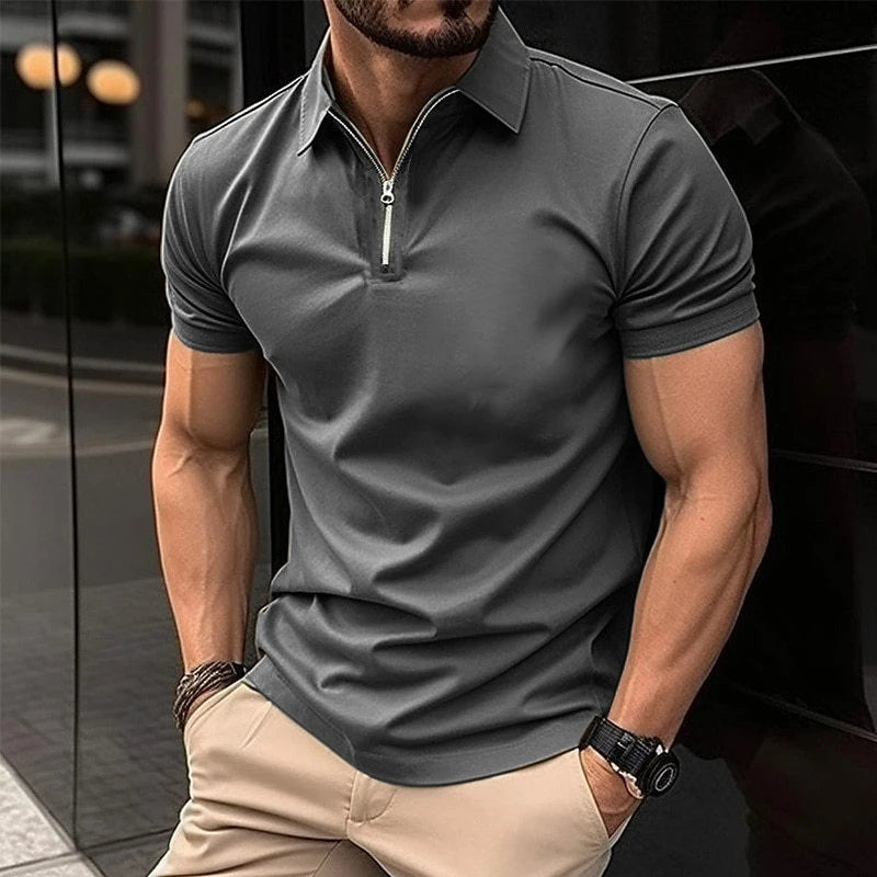 Men's Solid Color Polo Shirt Short Sleeve Zipper Collar Tshirts &for Men Summer Turn-Down Streetwear New Male Jogger Tops