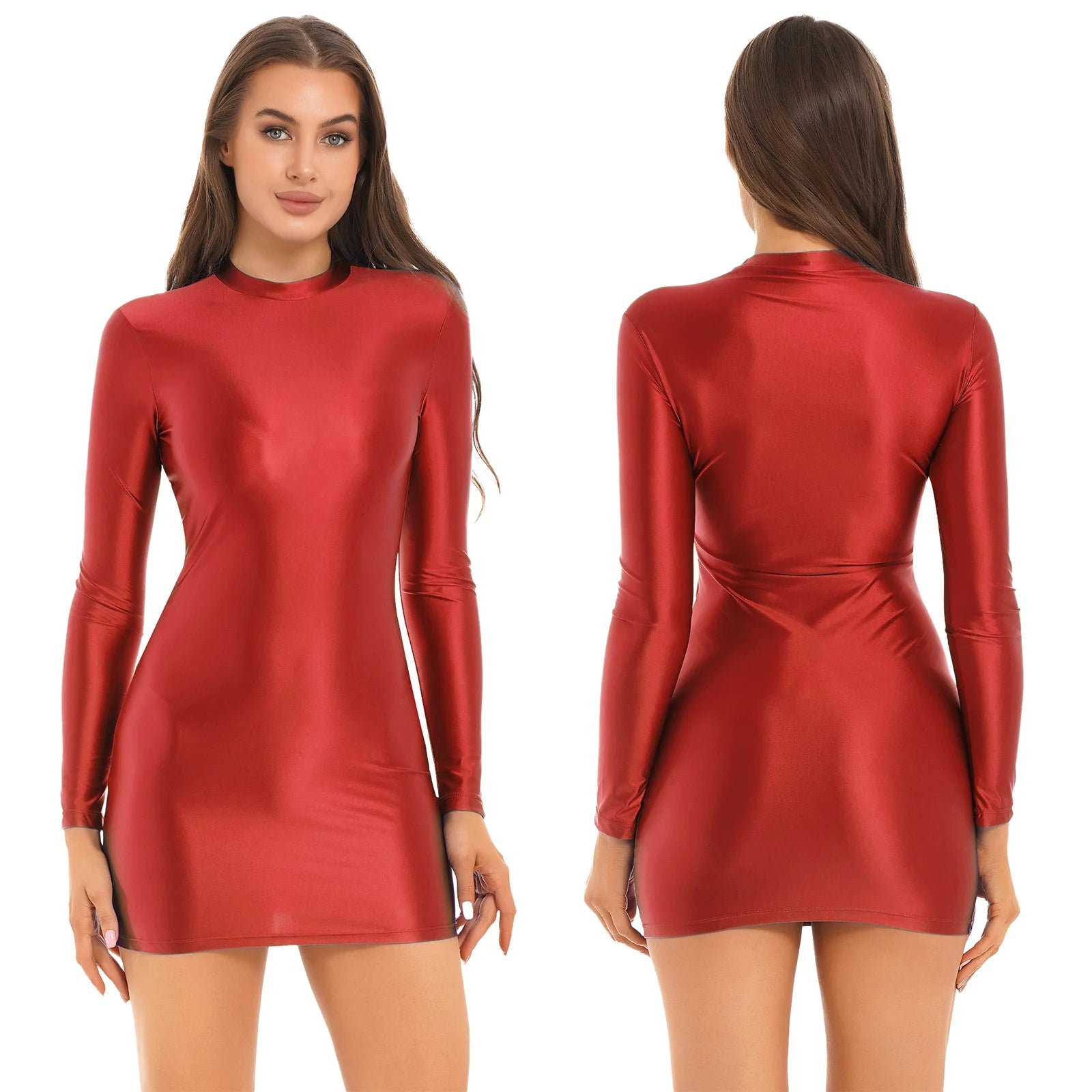 Women Glossy Bodycon Dress Long Sleeve Oil Shiny Smooth Mini Pencil Dress Stretchy Mock Neck Tight  Party Dresses Dance Clubwear
