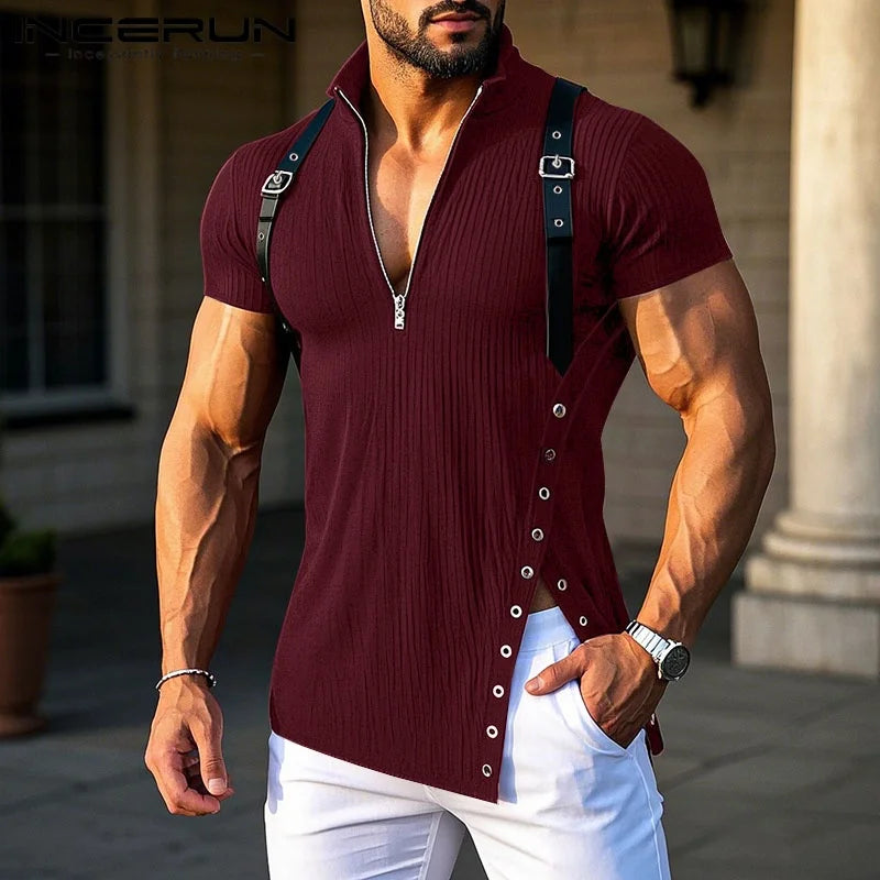 Men T Shirt Patchwork V Neck Short Sleeve Streetwear Zipper Split Men Clothing Summer 2025 Fashion Camisetas Tee Tops INCERUN