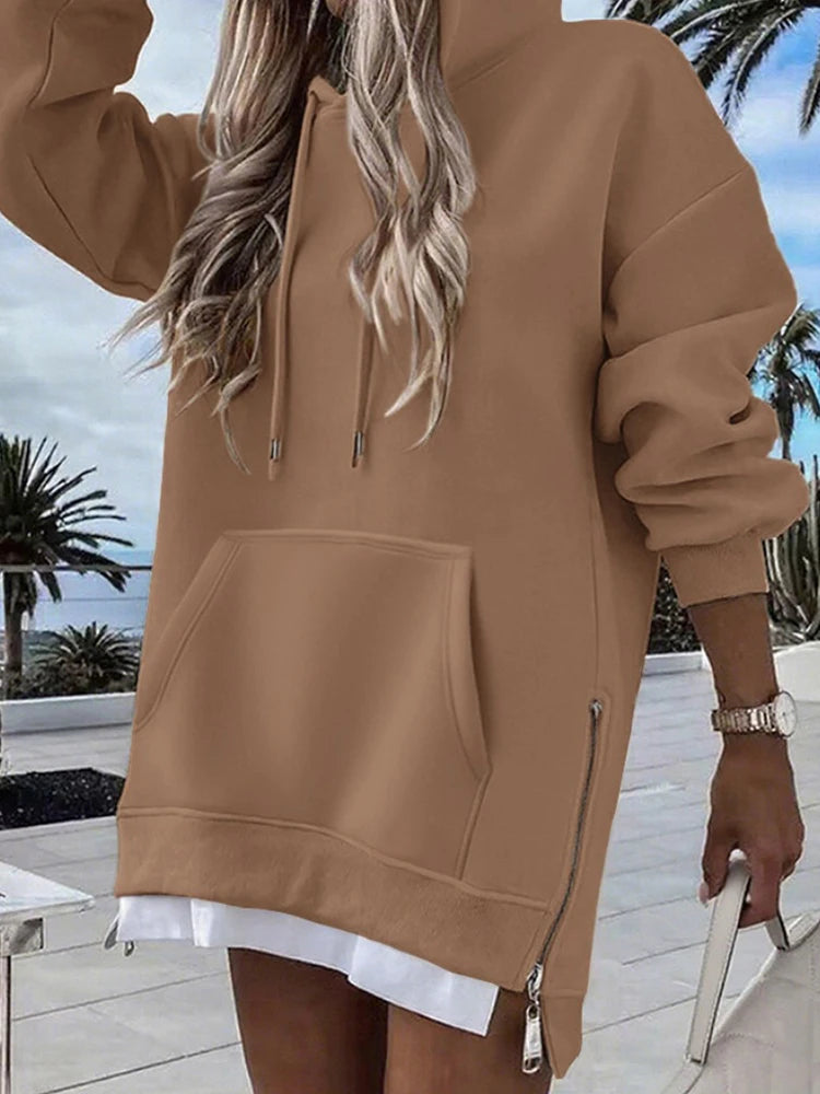 Damen Langarm Patchwork Pullover Hoodie Herbst Winter Mode Kordelzug Lockerer Reißverschluss Einfache Hoodies 2025 Top Streetwear