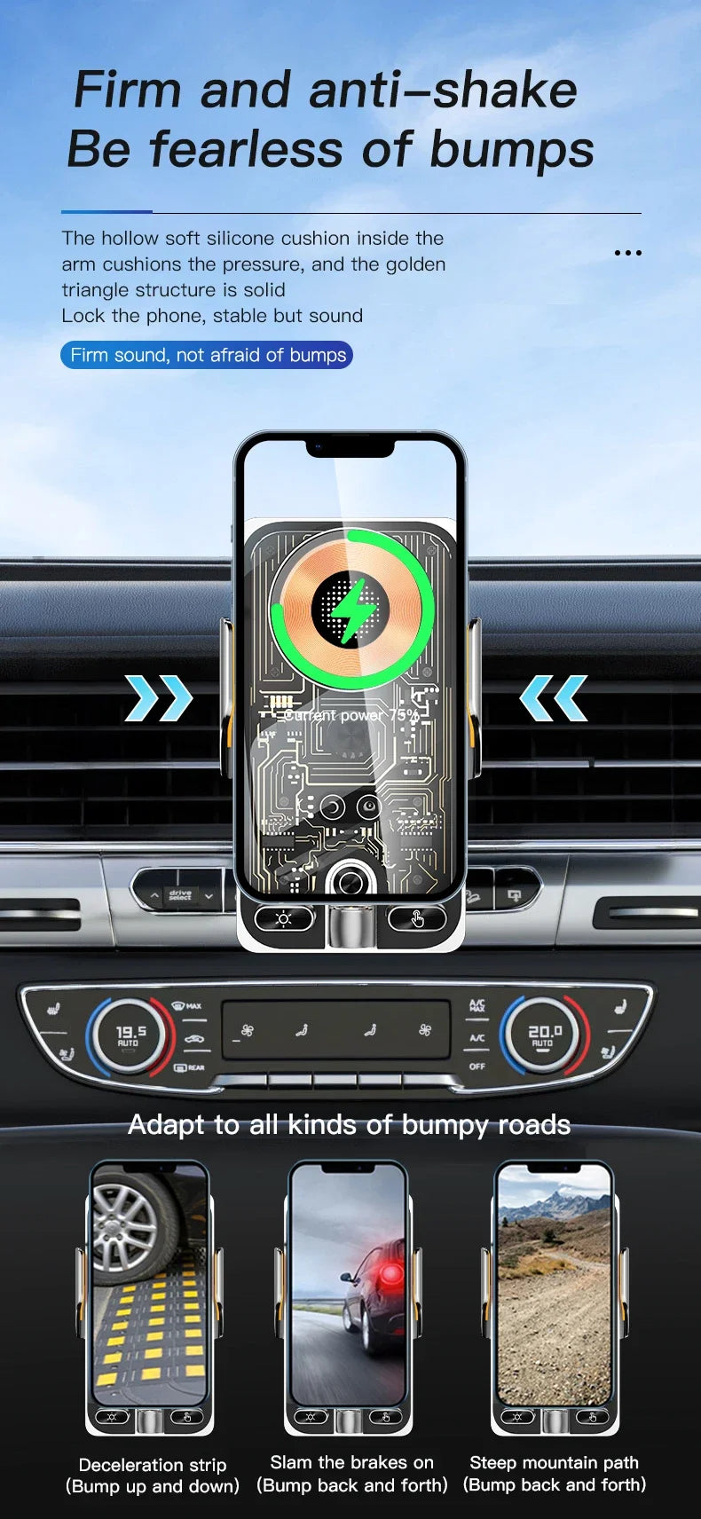 Car-mounted smartphone holder - Automatically detects air outlet. Supports 15W/66W wireless fast charging. Rotatable